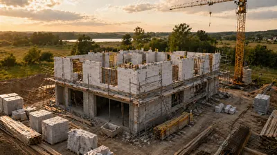Budowa domu jednorodzinnego z lotu ptaka, żuraw na placu budowy — Budowa Projekt Olsztyn