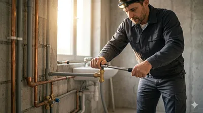 Hydraulik wykonuje instalację wodociągową z miedzianych rur — Budowa Projekt Olsztyn