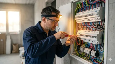 Elektryk przy tablicy rozdzielczej w nowym budynku — instalacje elektryczne Olsztyn