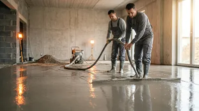 Ekipa wylewa posadzkę betonową w budynku — posadzki przemysłowe i mieszkaniowe Olsztyn
